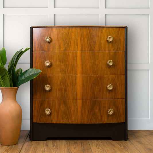 Vintage Walnut & Black Bow Front Chest of Drawers – Art Deco Upcycled Furniture with Gold Handles