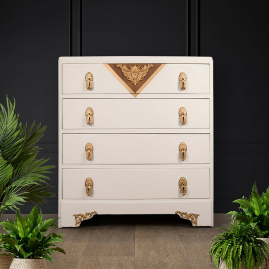 Vintage Upcycled B&E Chest of Drawers Cream Gold