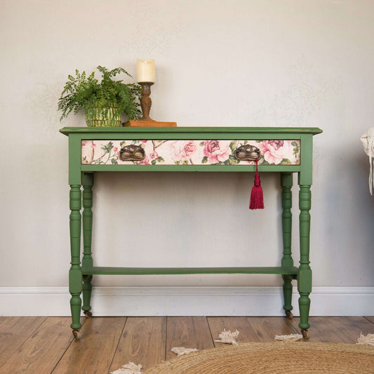 Vintage Green Floral Console Table – Upcycled Entryway Table with Decoupage Drawer Front