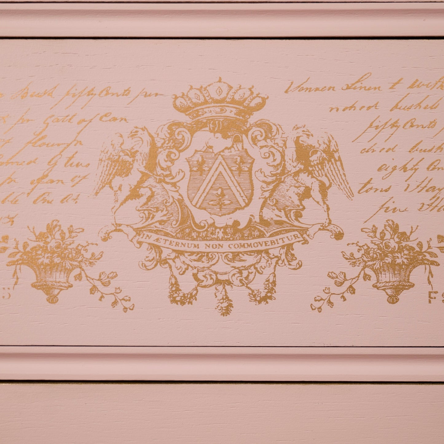 Romantic Vintage Upcycled Blush Pink Floral Chest of Drawers with Gold Detailing and Floral Transfers