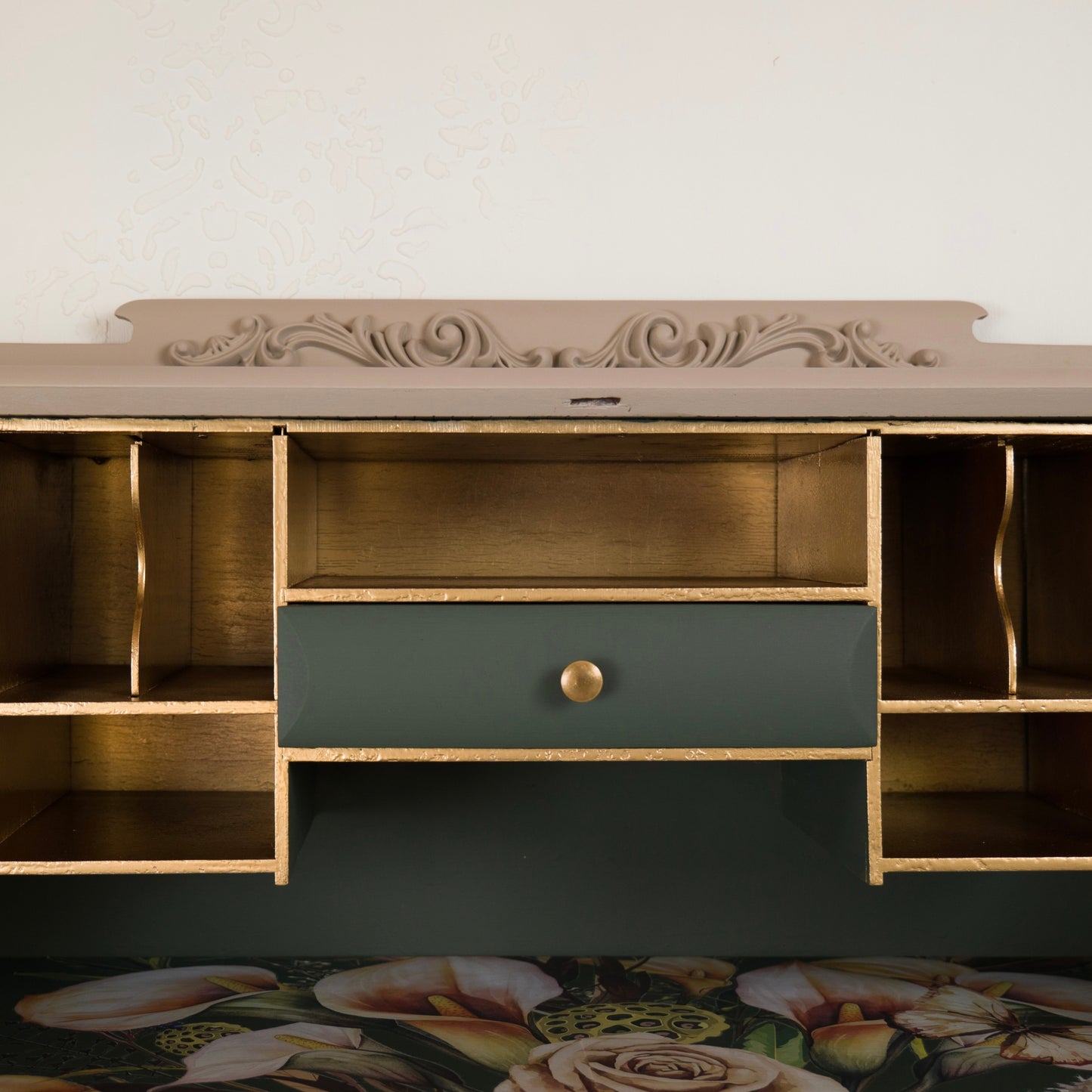 Hand Painted Vintage Solid Mahogany Bureau with Floral Interior | Upcycled Writing Desk with Storage