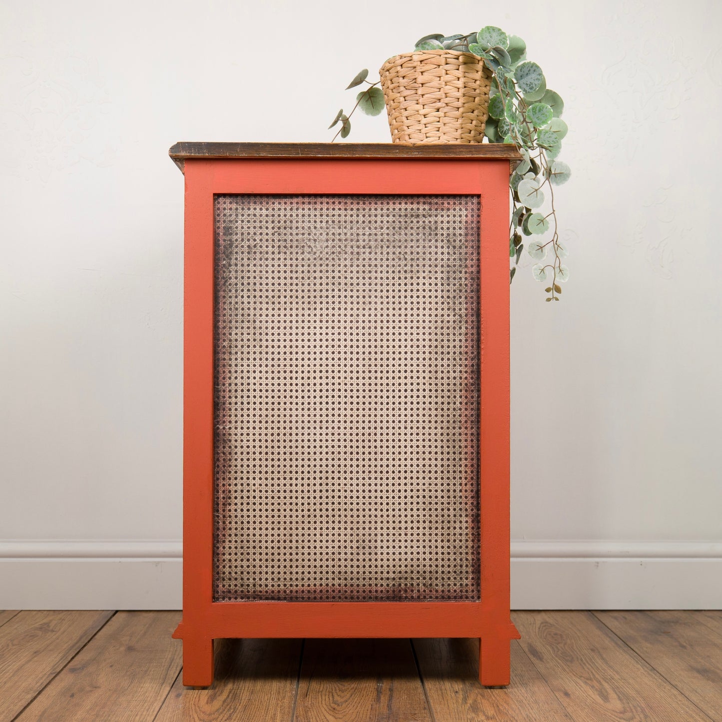Vintage Upcycled Oak Chest of Drawers | Hand Painted Burnt Orange Bedside Table with Floral Decoupage Panels | Unique Boho Bedroom Furniture