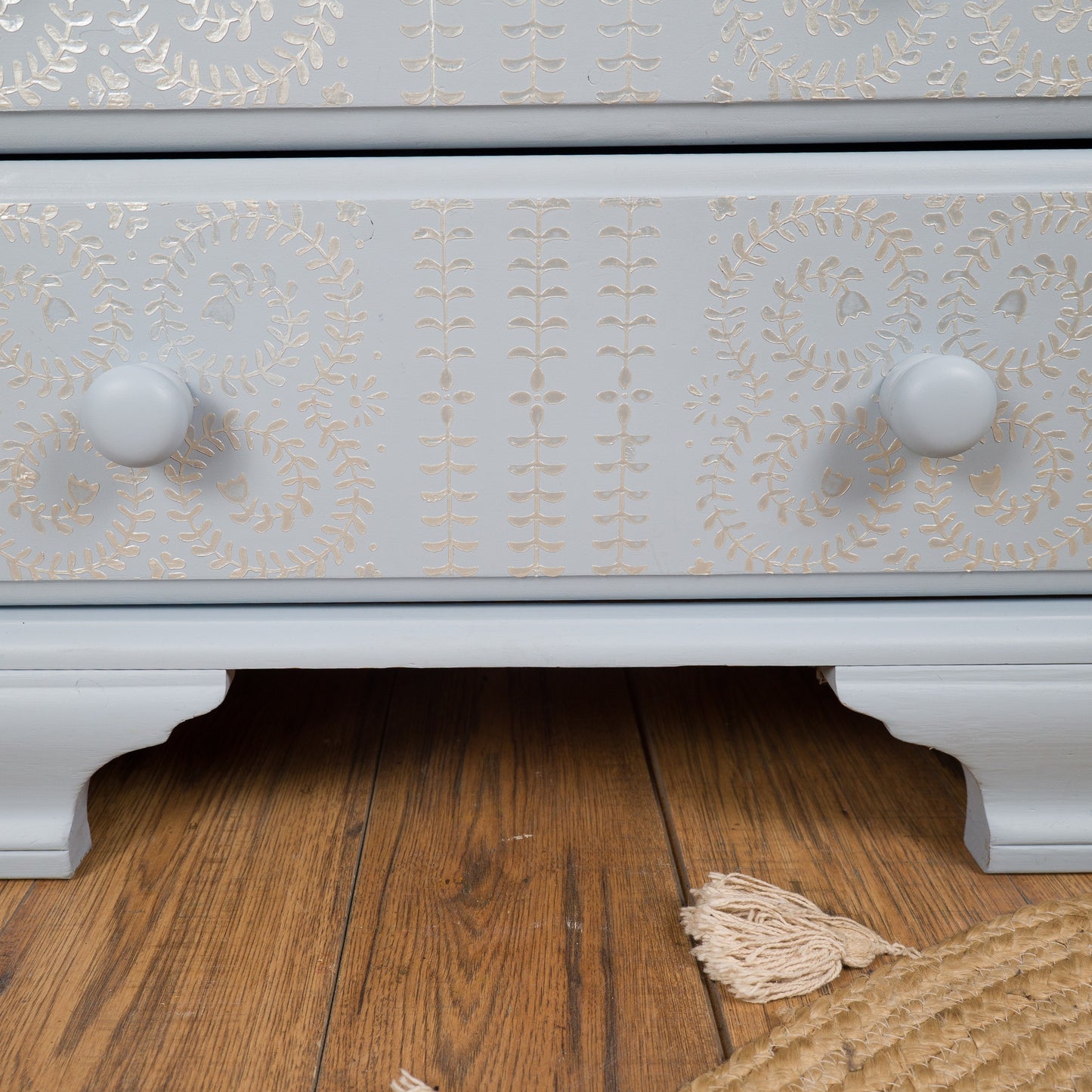Hand-Painted Blue Chest of Drawers with Pearl Effect Stencil Detail | Vintage Upcycled Furniture