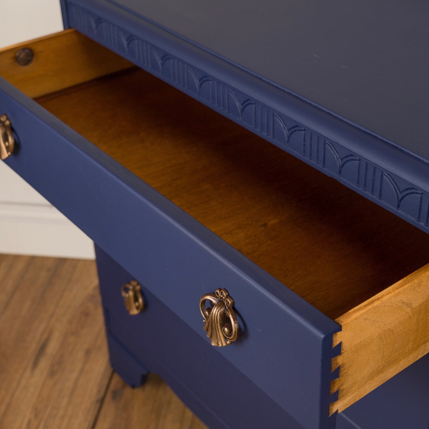 Hand-Painted Upcycled Navy Lebus MCM Chest of Drawers with Floral Detailing