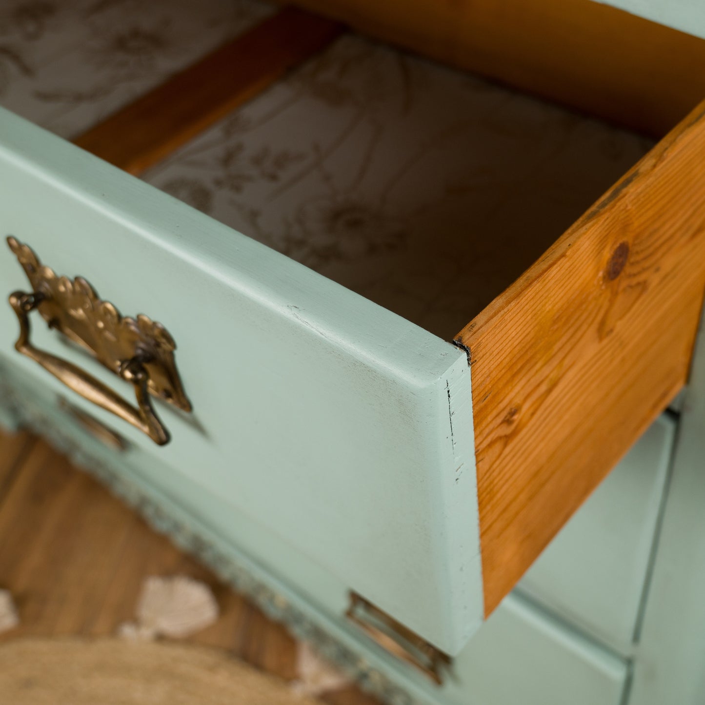 Vintage Aqua Chest of Drawers | Hand-Painted | Ornate Floral Detailing & Brass Hardware