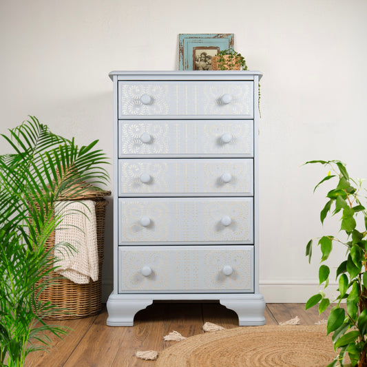 Hand-Painted Blue Chest of Drawers with Pearl Effect Stencil Detail | Vintage Upcycled Furniture