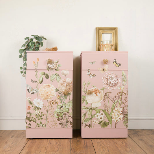 Pair of Vintage Painted Mid Century Pink Floral Bedside Tables