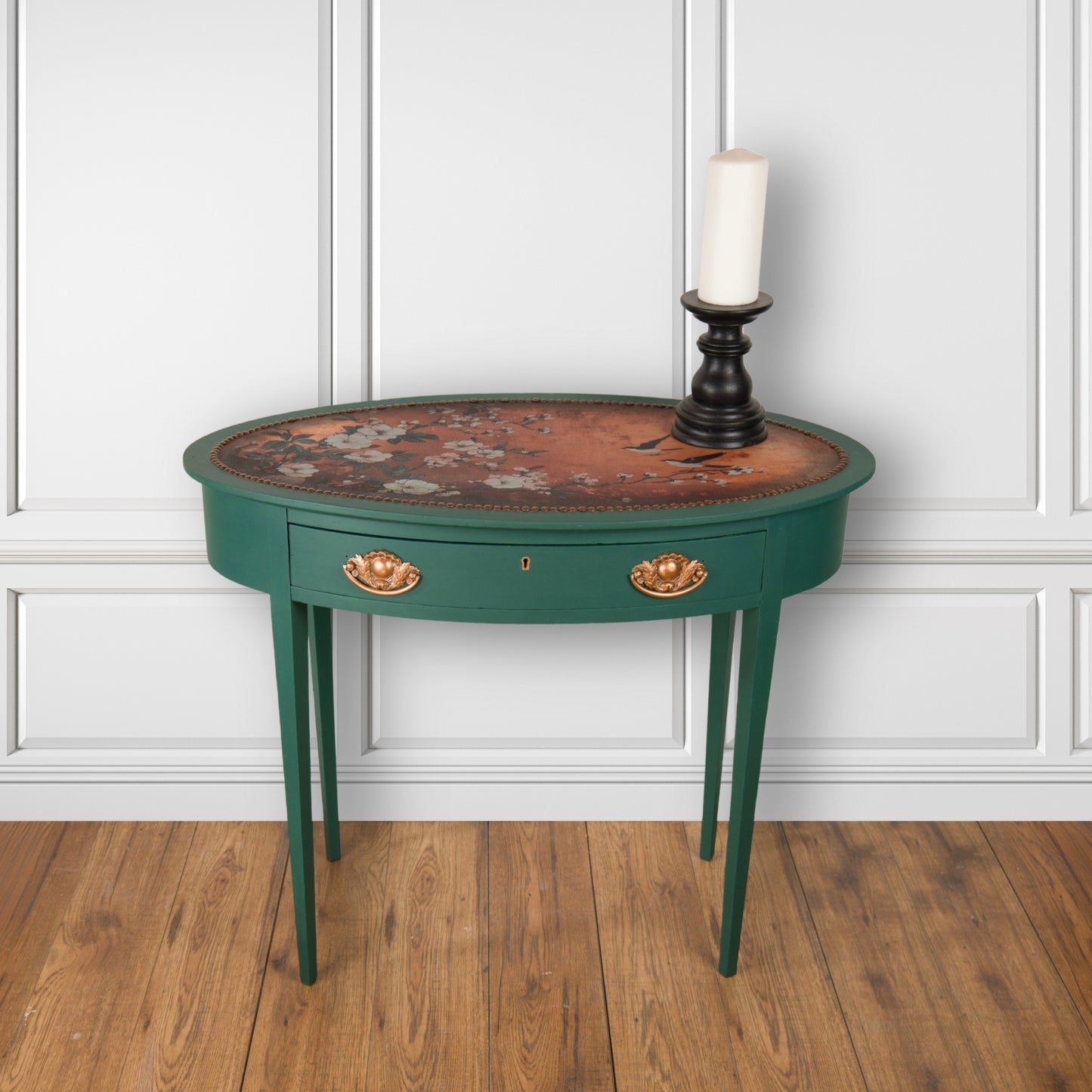 Vintage Green & Copper Oval Table – Upcycled in Botanical Elegance