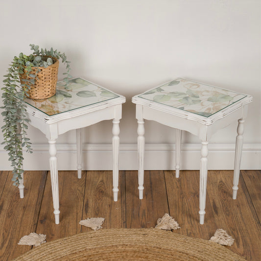 Pair of Vintage Upcycled Shabby Chic Side Tables with Botanical Glass Tops