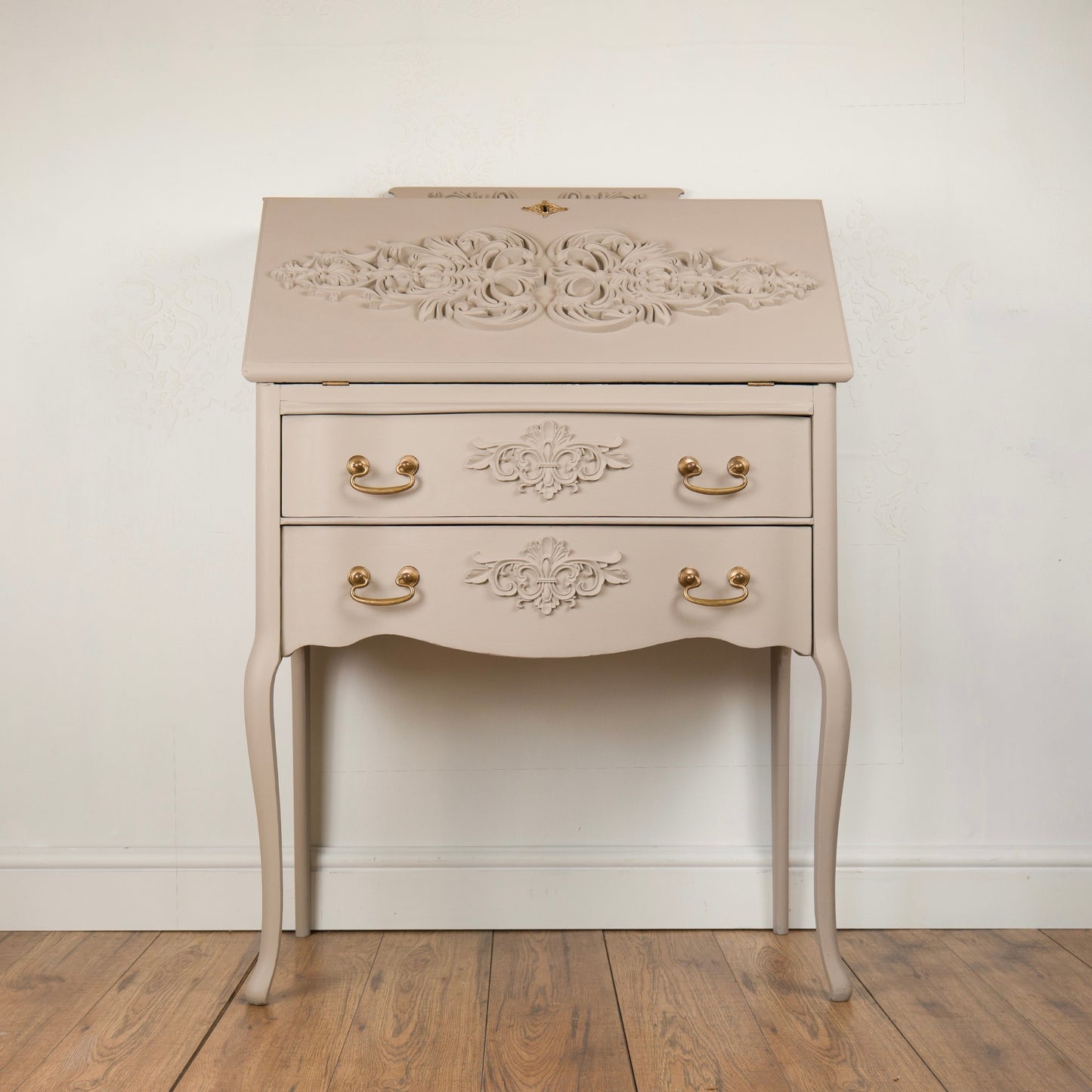 Hand Painted Vintage Solid Mahogany Bureau with Floral Interior | Upcycled Writing Desk with Storage