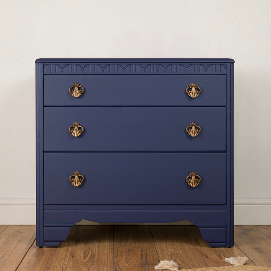 Hand-Painted Upcycled Navy Lebus MCM Chest of Drawers with Floral Detailing
