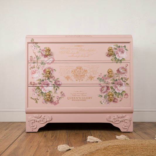 Romantic Vintage Upcycled Blush Pink Floral Chest of Drawers with Gold Detailing and Floral Transfers