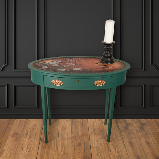 Vintage Green & Copper Oval Table – Upcycled in Botanical Elegance