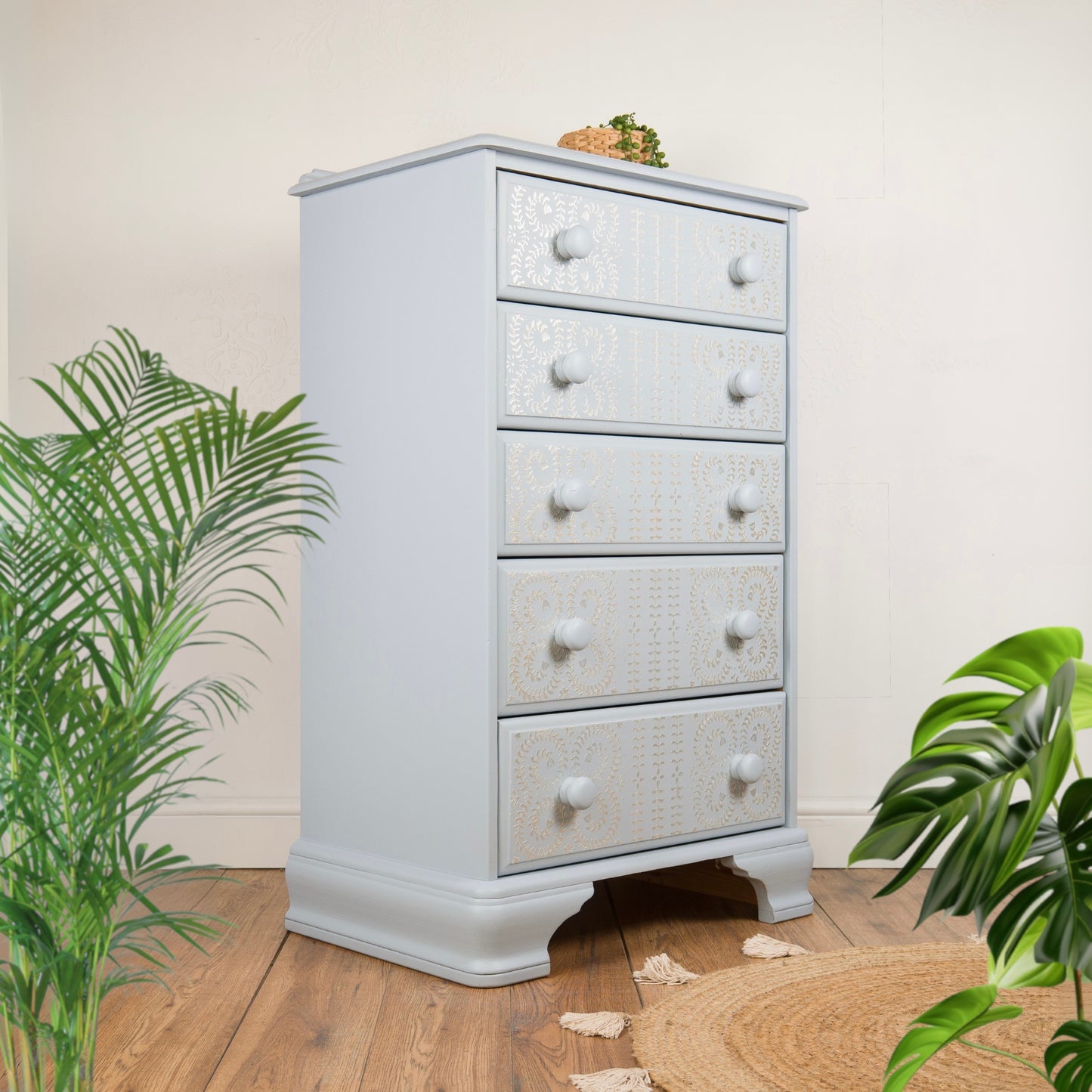 Hand-Painted Blue Chest of Drawers with Pearl Effect Stencil Detail | Vintage Upcycled Furniture