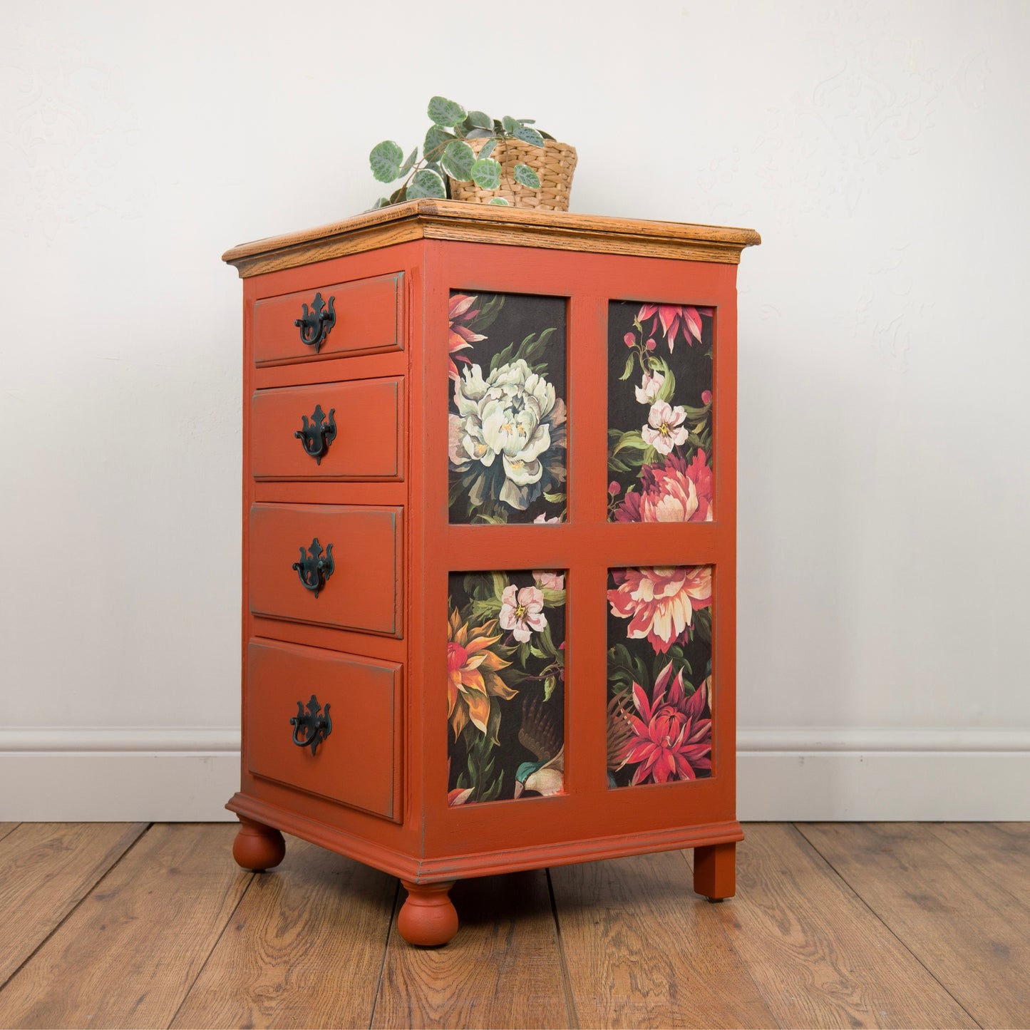Vintage Upcycled Oak Chest of Drawers | Hand Painted Burnt Orange Bedside Table with Floral Decoupage Panels | Unique Boho Bedroom Furniture