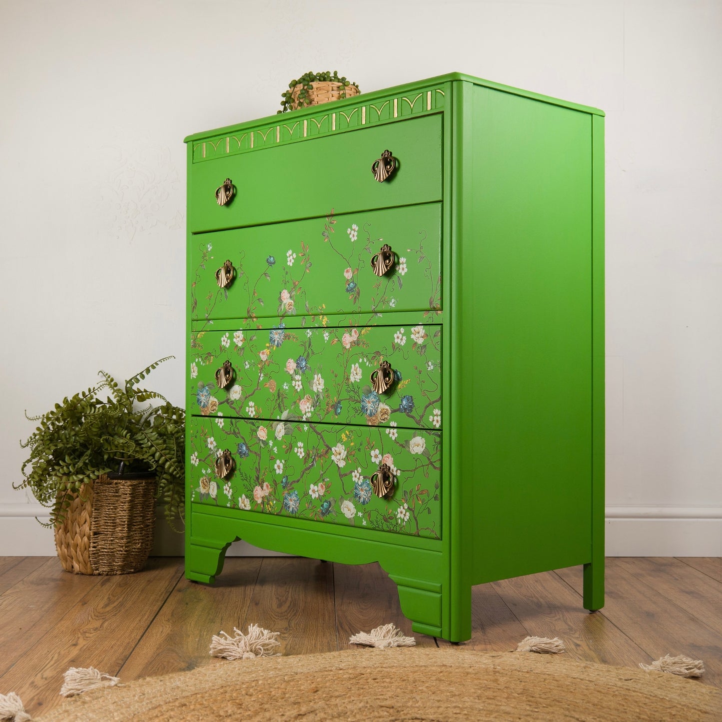 Upcycled Hand-Painted Vintage Chest of Drawers – Botanical Floral Design in Vibrant Green
