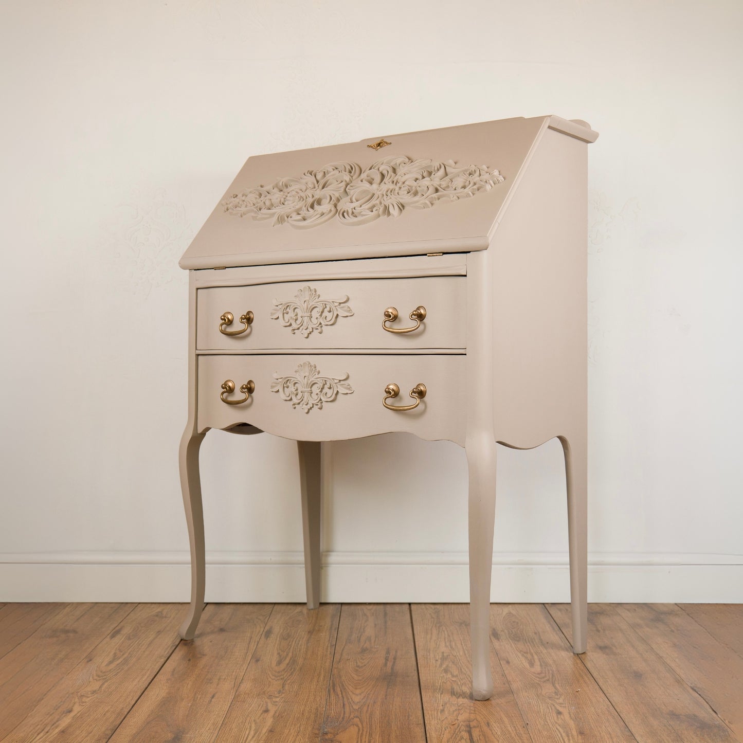 Hand Painted Vintage Solid Mahogany Bureau with Floral Interior | Upcycled Writing Desk with Storage