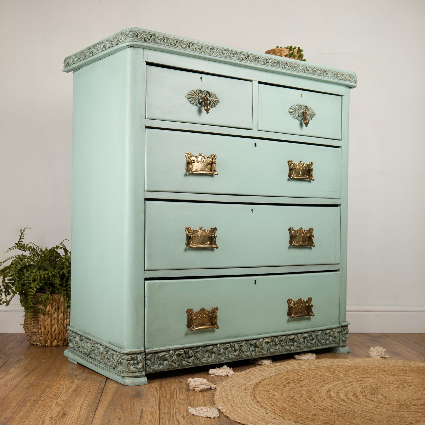 Vintage Aqua Chest of Drawers | Hand-Painted | Ornate Floral Detailing & Brass Hardware