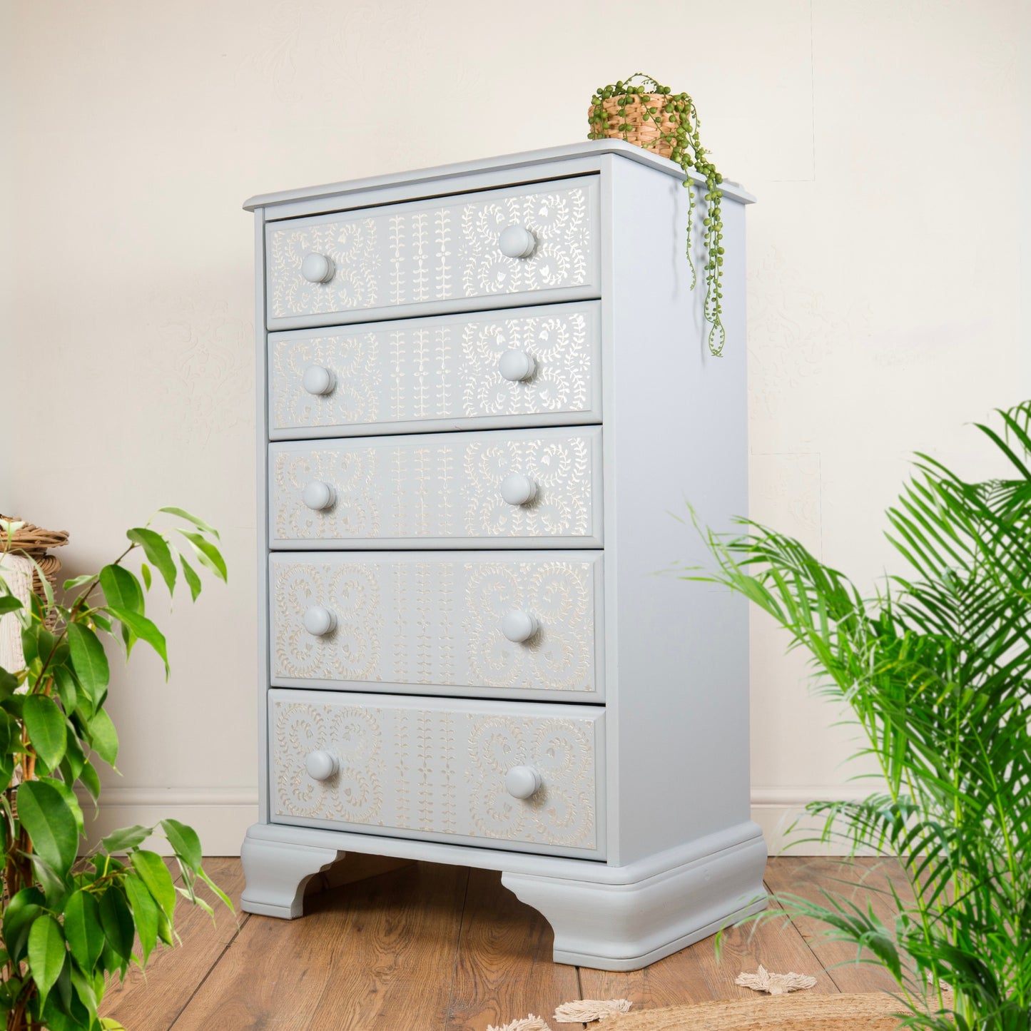 Hand-Painted Blue Chest of Drawers with Pearl Effect Stencil Detail | Vintage Upcycled Furniture