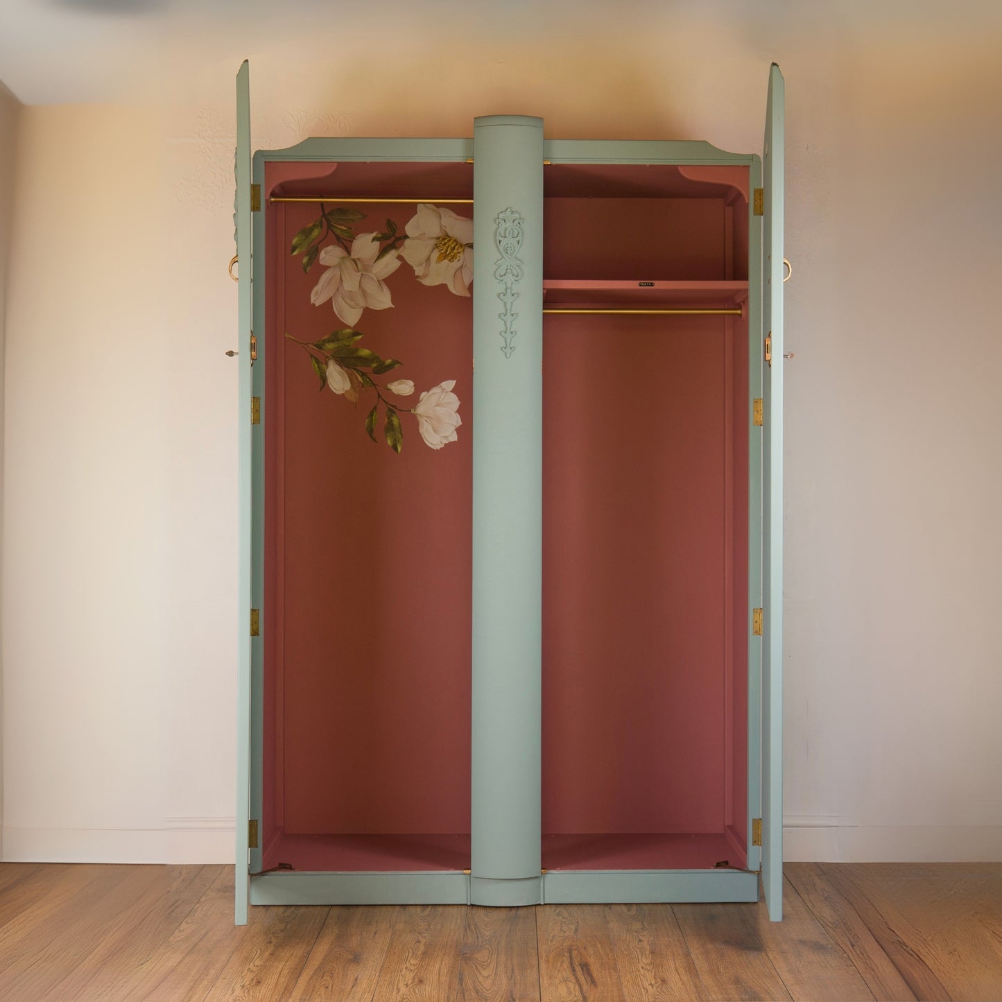 Vintage Duck Egg Blue Wardrobe with Gold Detailing & Rose Pink Inside