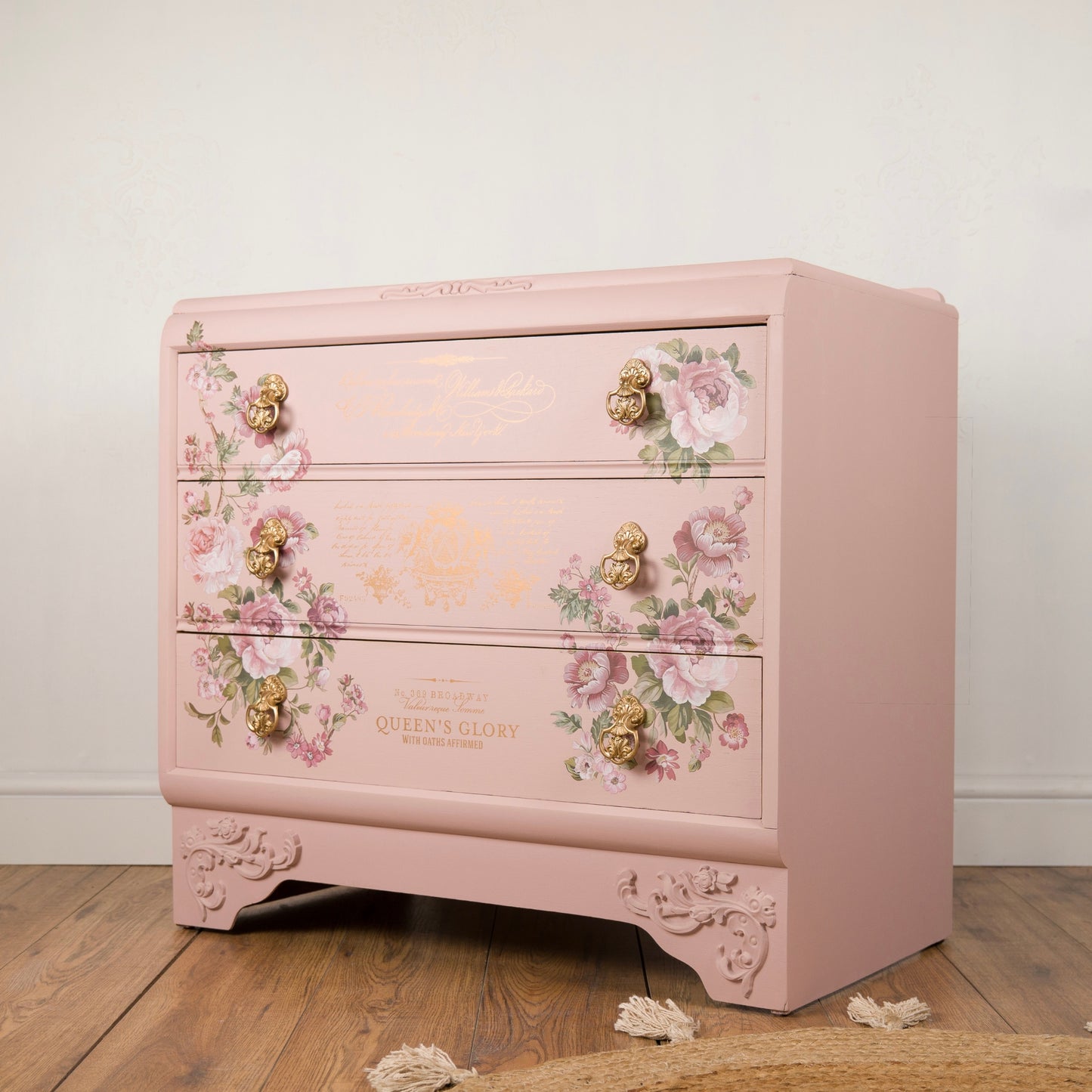 Romantic Vintage Upcycled Blush Pink Floral Chest of Drawers with Gold Detailing and Floral Transfers