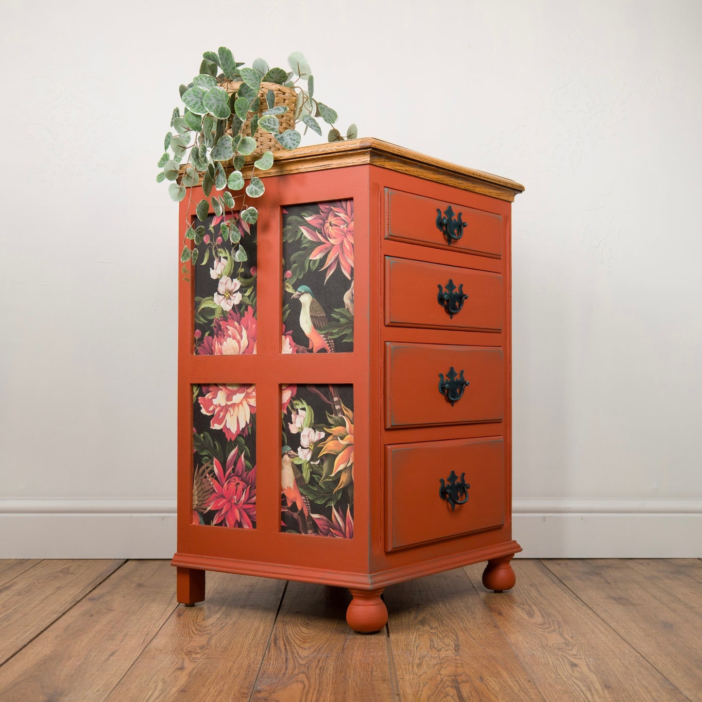 Vintage Upcycled Oak Chest of Drawers | Hand Painted Burnt Orange Bedside Table with Floral Decoupage Panels | Unique Boho Bedroom Furniture