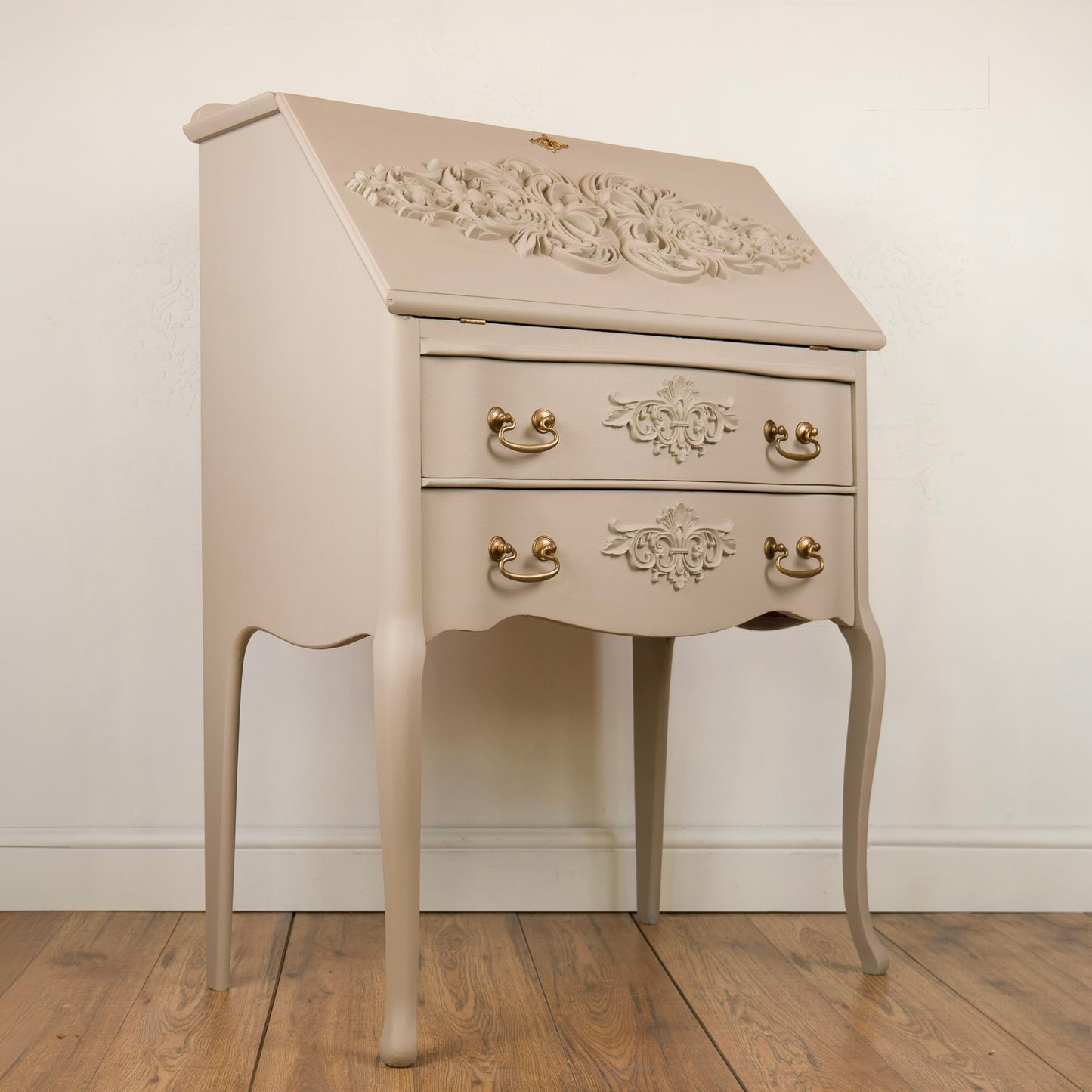 Hand Painted Vintage Solid Mahogany Bureau with Floral Interior | Upcycled Writing Desk with Storage