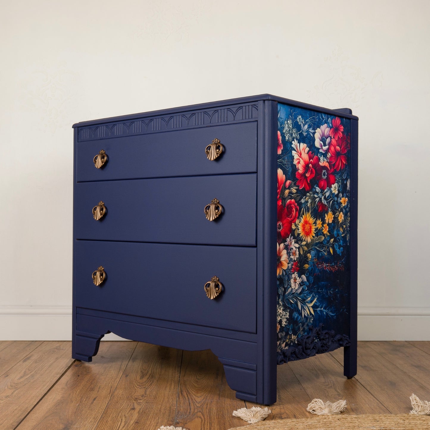 Hand-Painted Upcycled Navy Lebus MCM Chest of Drawers with Floral Detailing