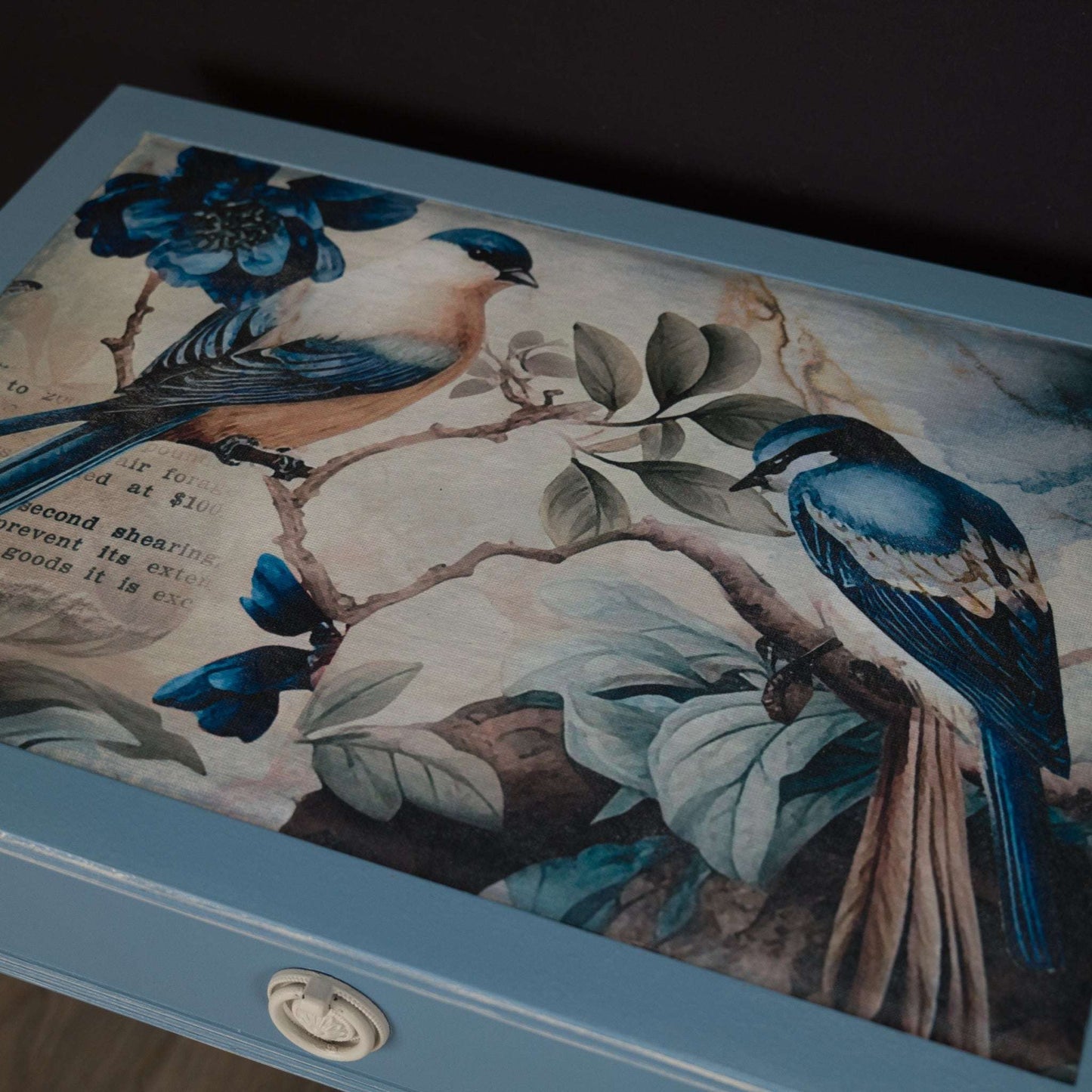 Pair of Vintage Upcycled Dusty Blue Bird Bedside Tables