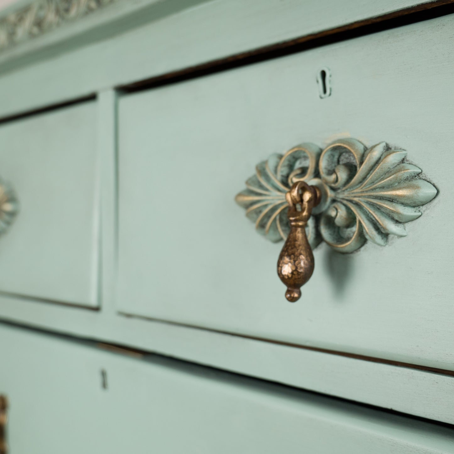 Vintage Aqua Chest of Drawers | Hand-Painted | Ornate Floral Detailing & Brass Hardware