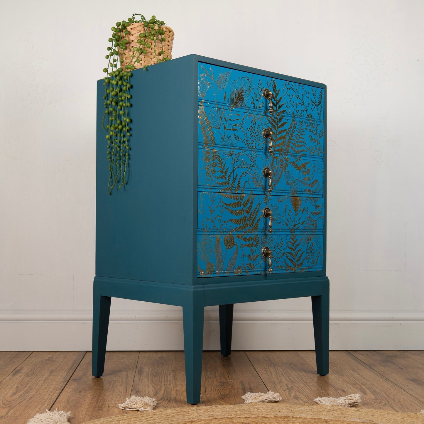 Vintage Teal & Gold Foliage Music Cabinet – Hand Painted Upcycled Furniture