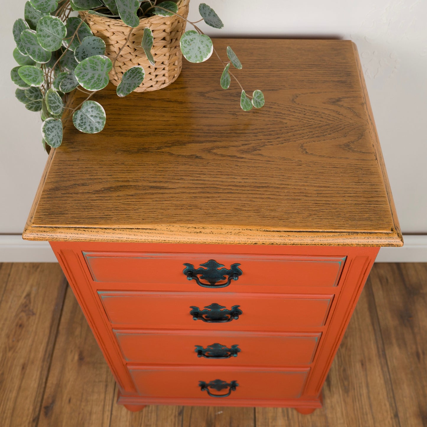 Vintage Upcycled Oak Chest of Drawers | Hand Painted Burnt Orange Bedside Table with Floral Decoupage Panels | Unique Boho Bedroom Furniture