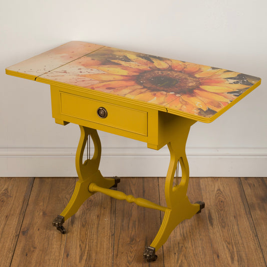 Upcycled Vintage Sunflower Drop Leaf Table | Yellow Hand-Painted & Decoupage Accent Table | Unique Furniture
