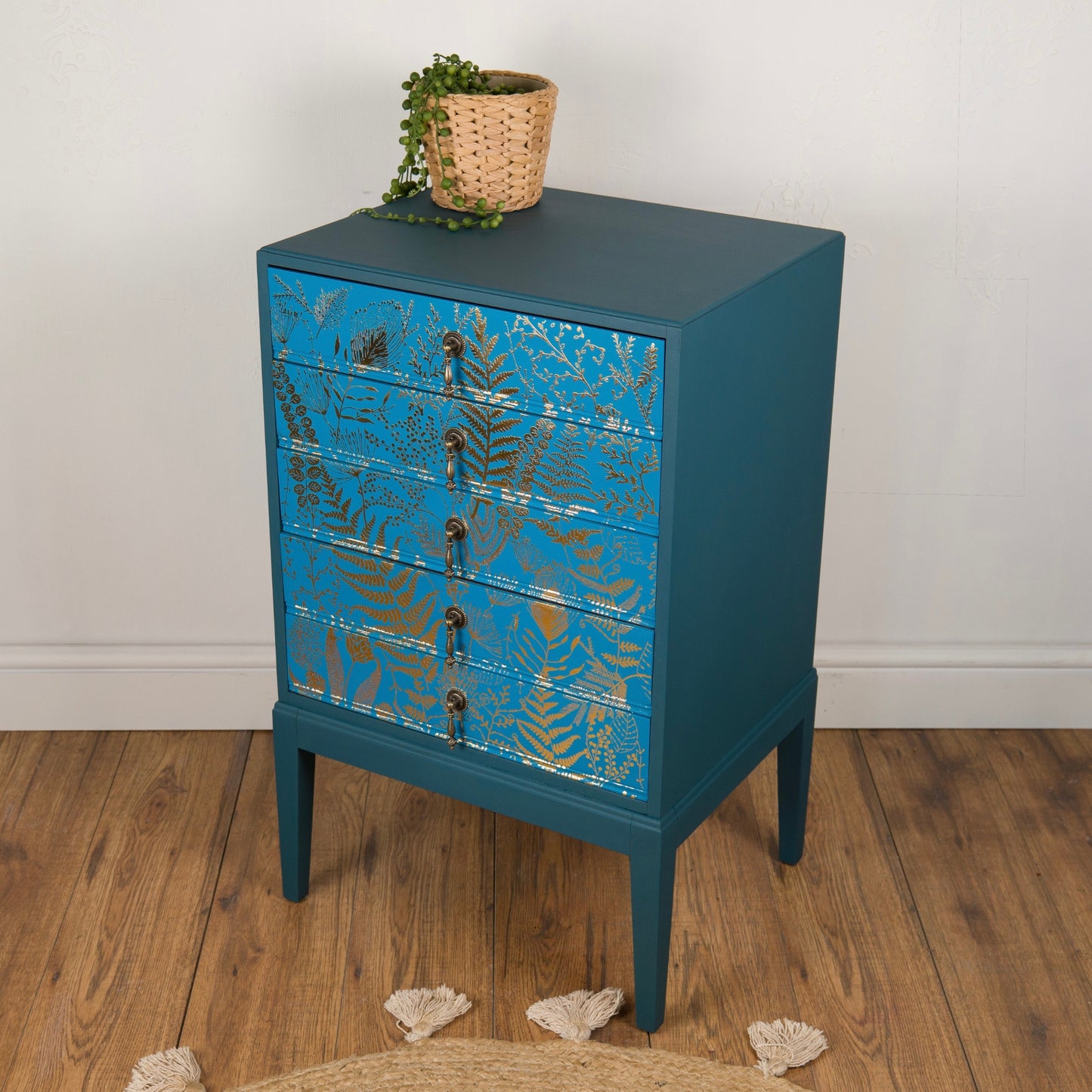 Vintage Teal & Gold Foliage Music Cabinet – Hand Painted Upcycled Furniture