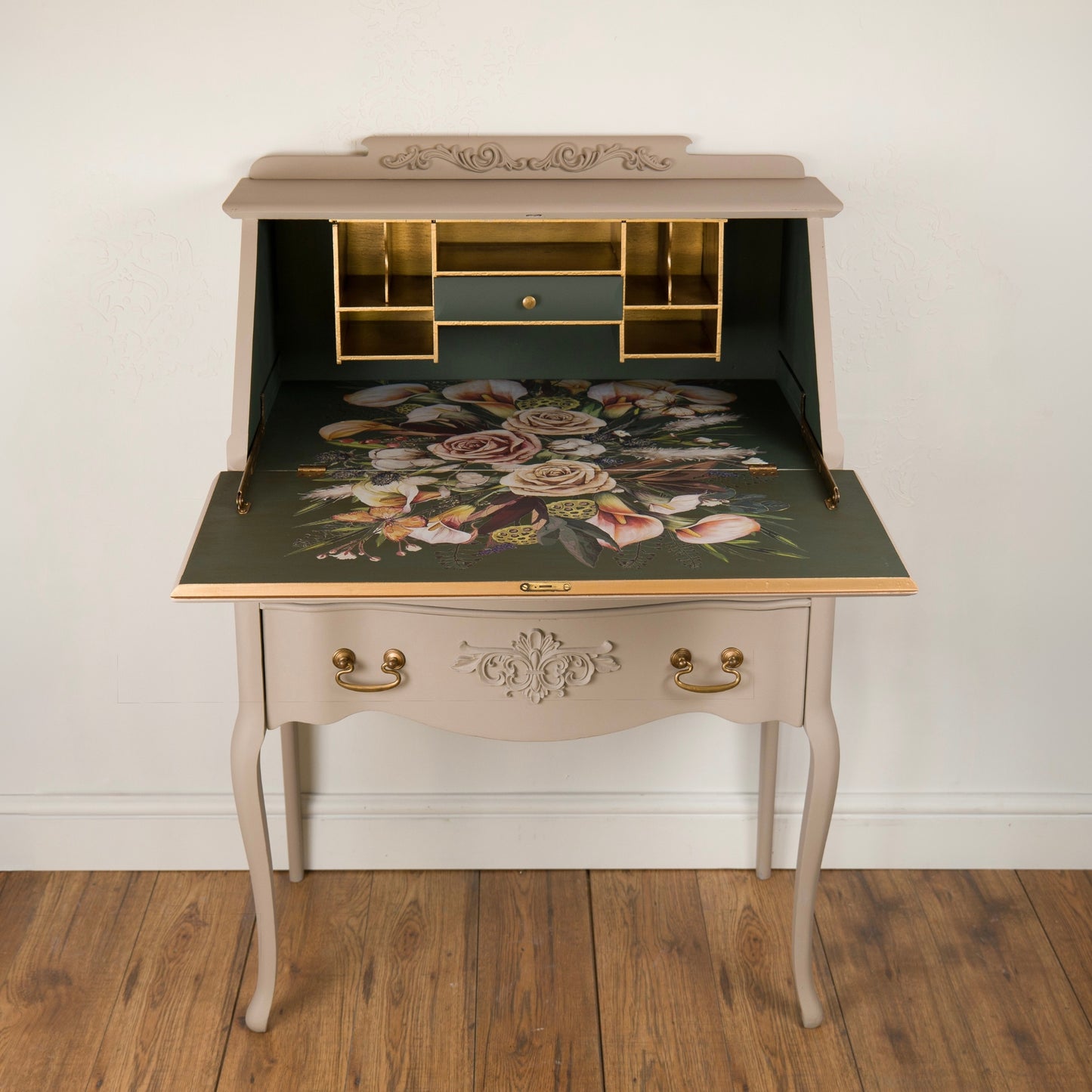 Hand Painted Vintage Solid Mahogany Bureau with Floral Interior | Upcycled Writing Desk with Storage