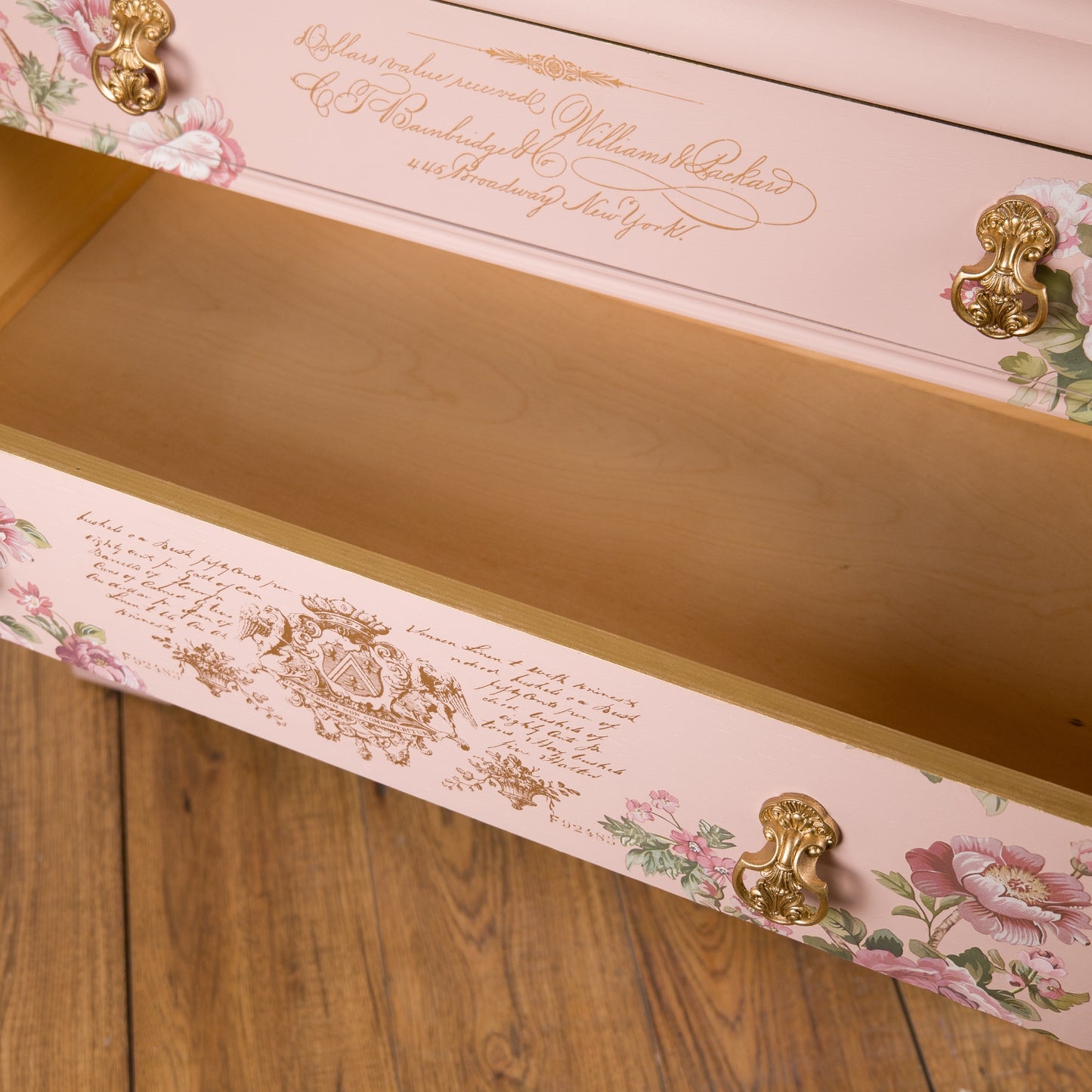 Romantic Vintage Upcycled Blush Pink Floral Chest of Drawers with Gold Detailing and Floral Transfers