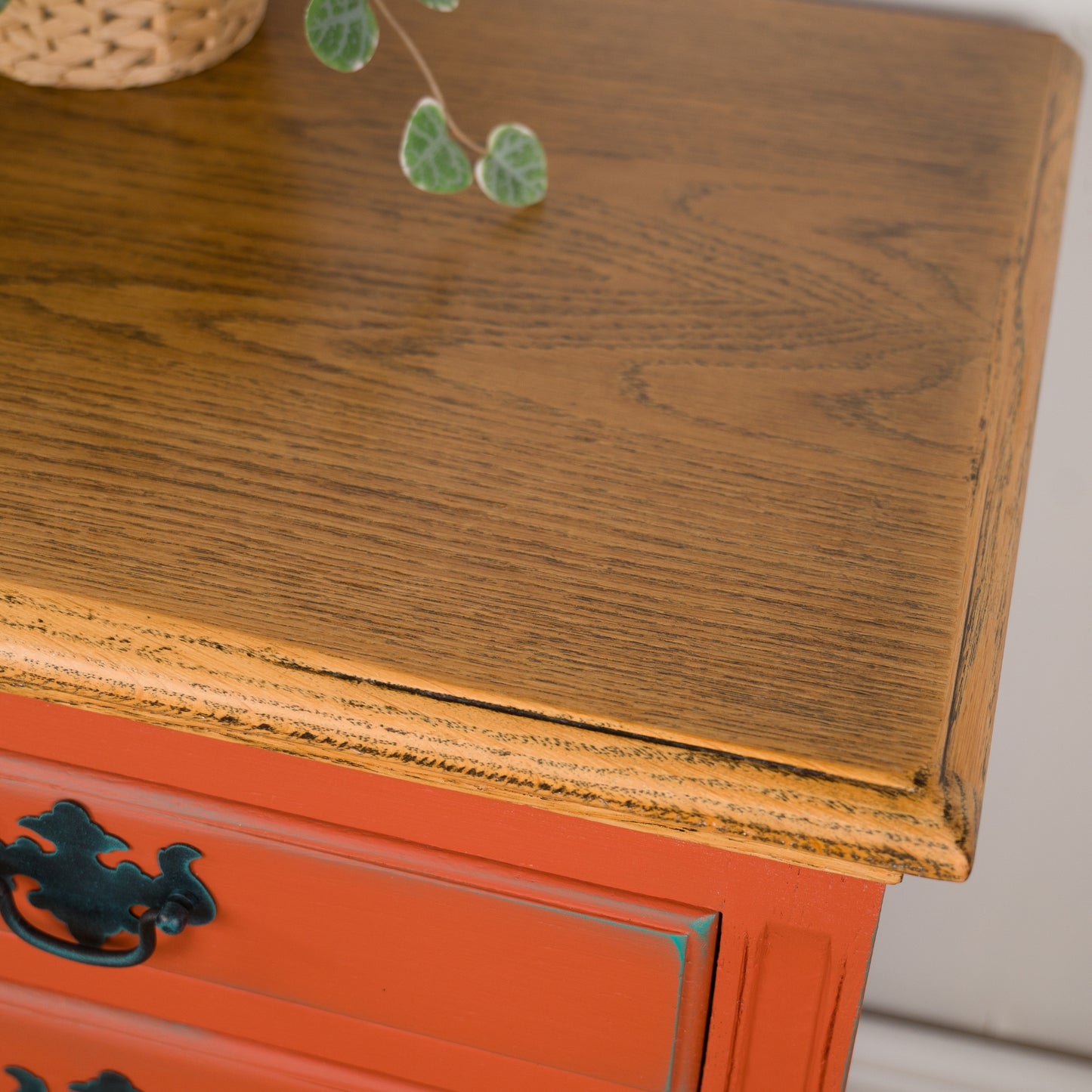Vintage Upcycled Oak Chest of Drawers | Hand Painted Burnt Orange Bedside Table with Floral Decoupage Panels | Unique Boho Bedroom Furniture