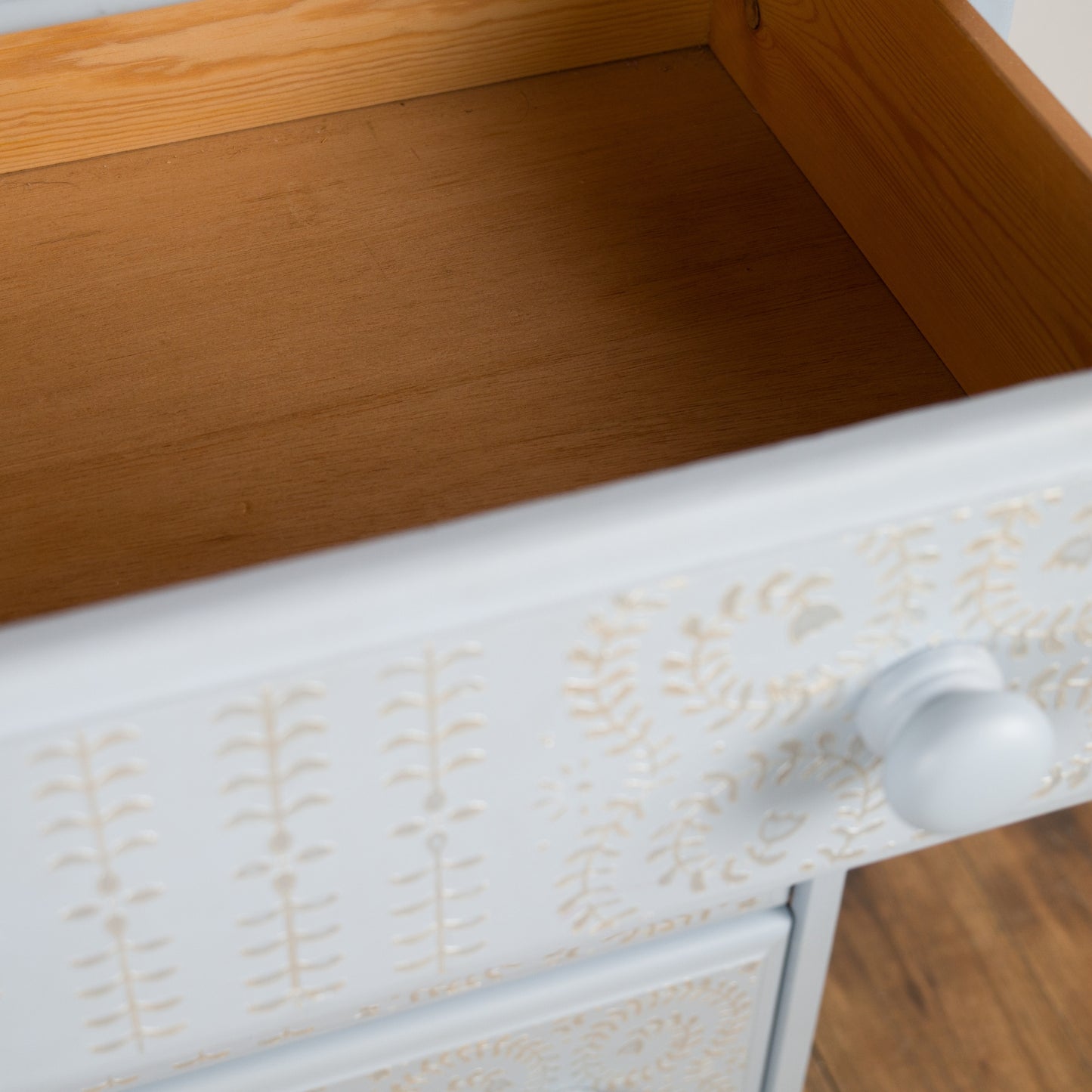 Hand-Painted Blue Chest of Drawers with Pearl Effect Stencil Detail | Vintage Upcycled Furniture