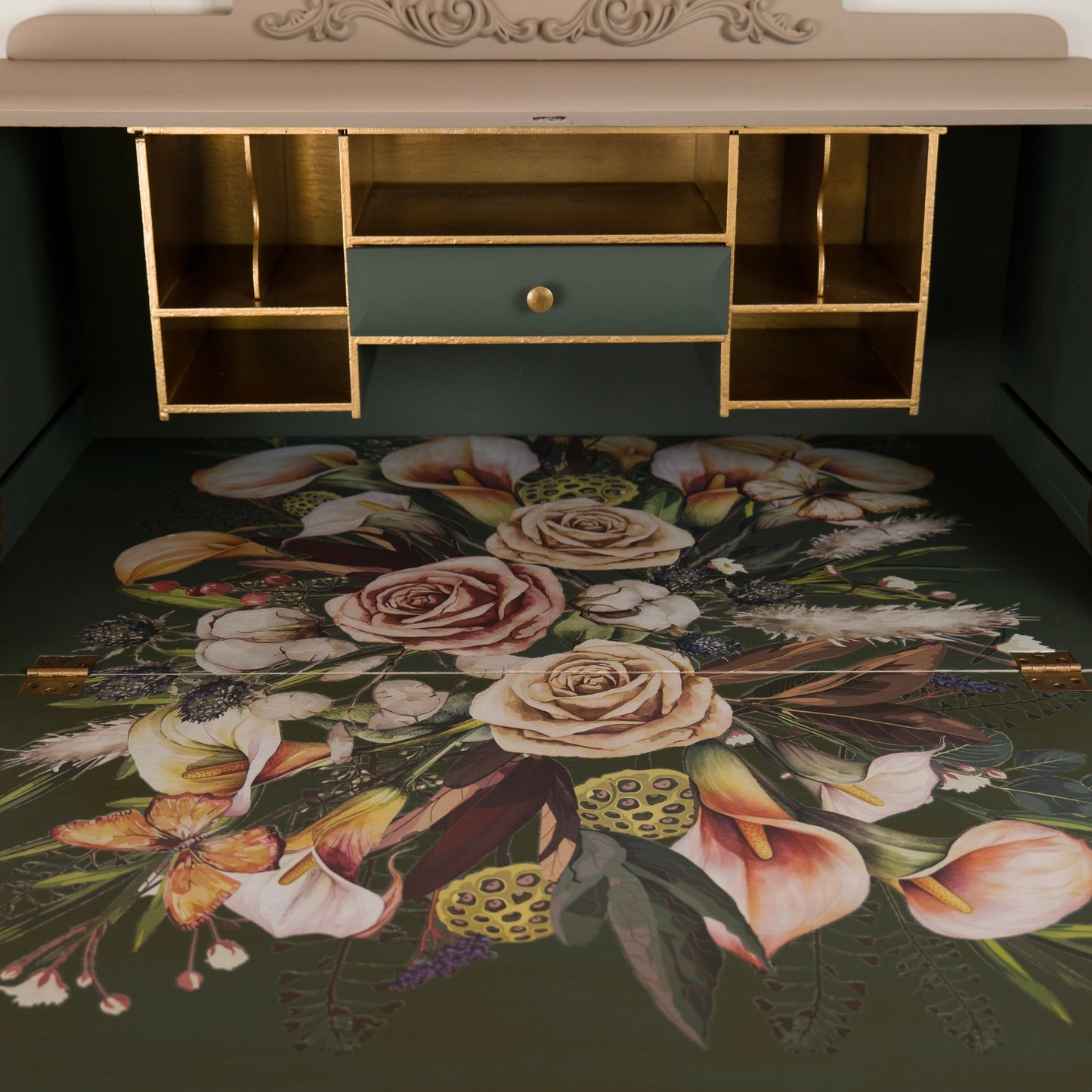 Hand Painted Vintage Solid Mahogany Bureau with Floral Interior | Upcycled Writing Desk with Storage