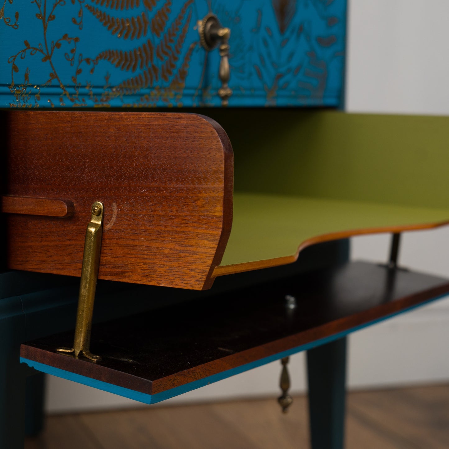 Vintage Teal & Gold Foliage Music Cabinet – Hand Painted Upcycled Furniture