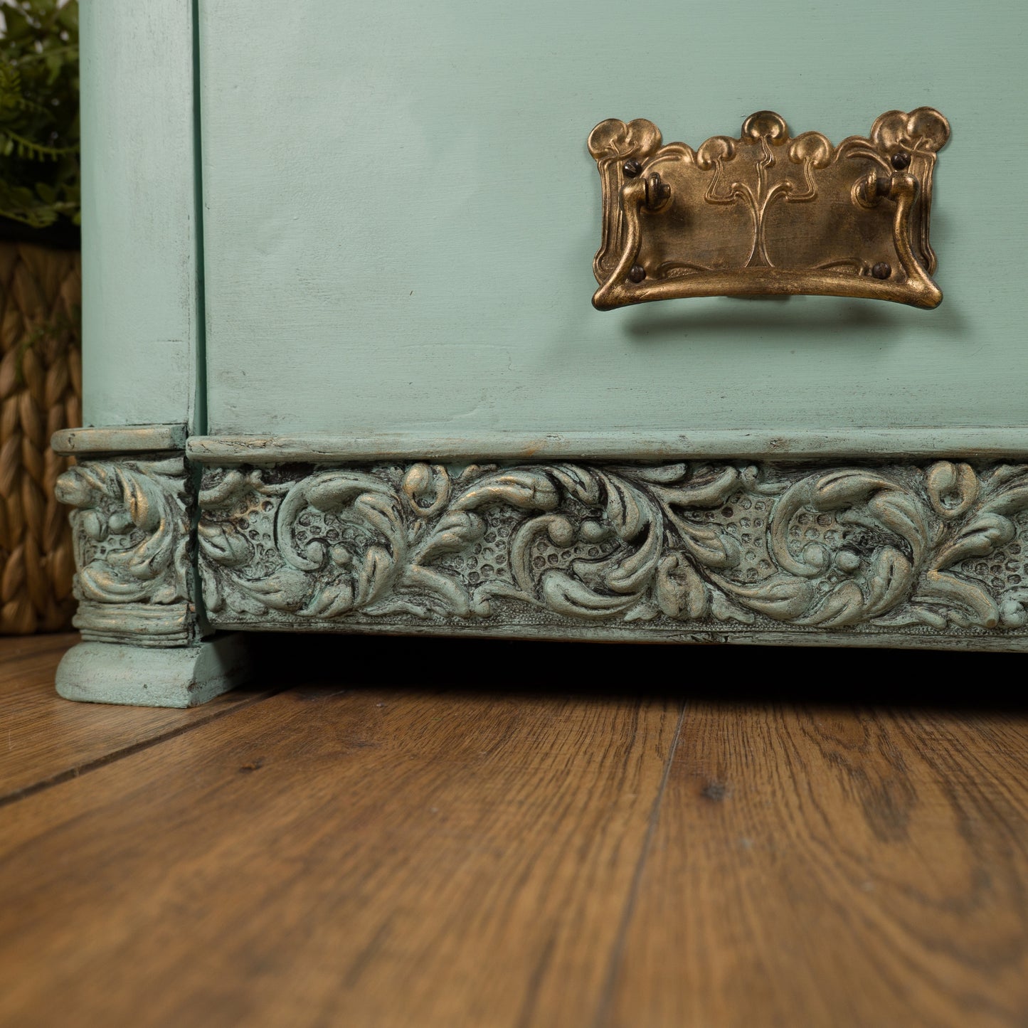 Vintage Aqua Chest of Drawers | Hand-Painted | Ornate Floral Detailing & Brass Hardware