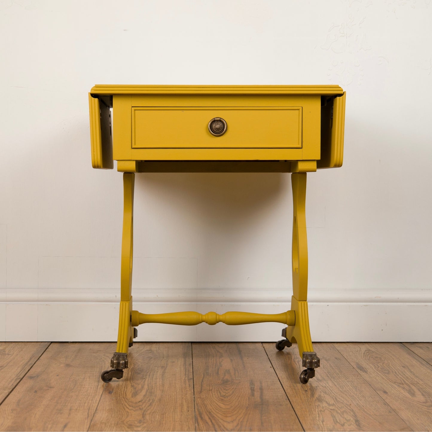 Upcycled Vintage Sunflower Drop Leaf Table | Yellow Hand-Painted & Decoupage Accent Table | Unique Furniture