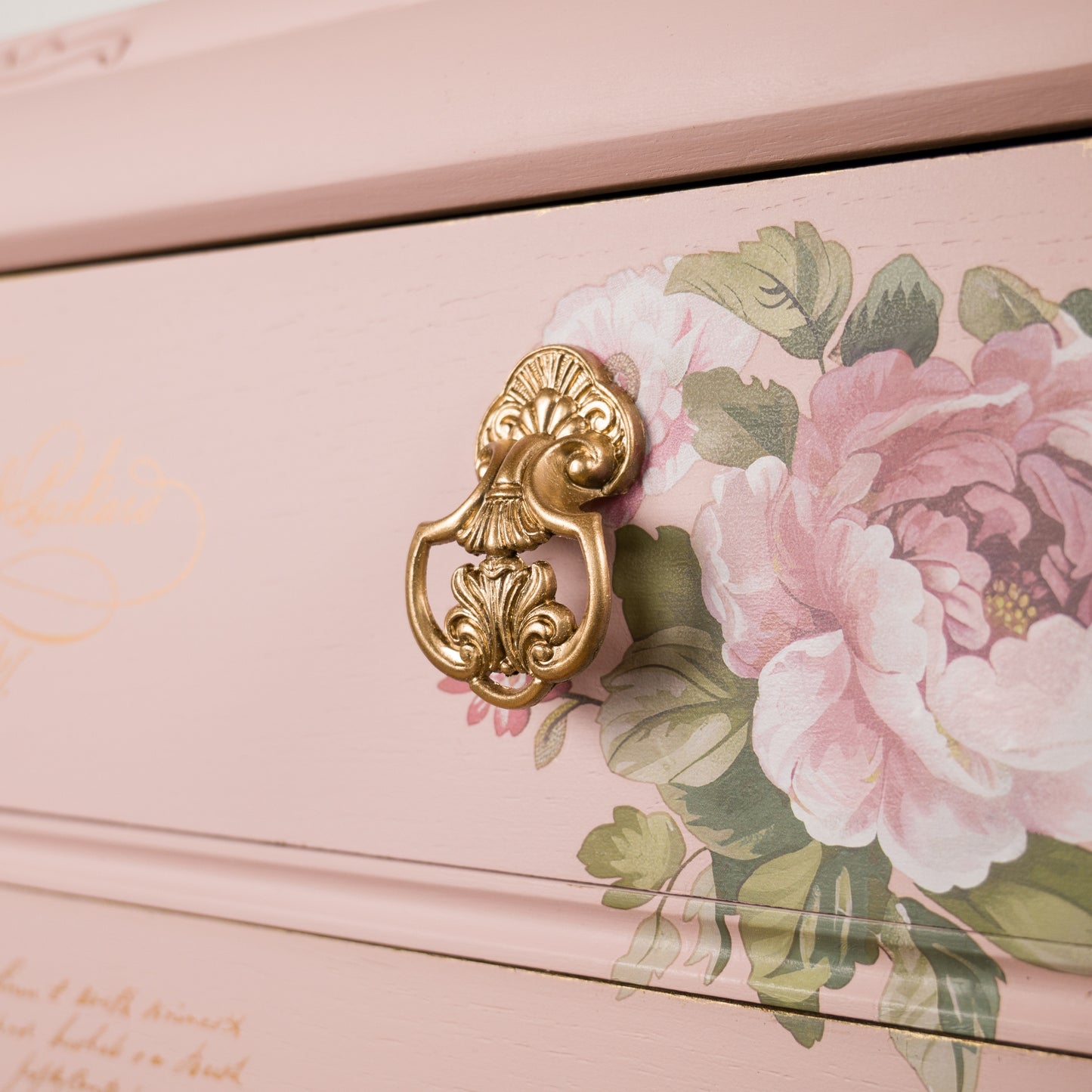 Romantic Vintage Upcycled Blush Pink Floral Chest of Drawers with Gold Detailing and Floral Transfers