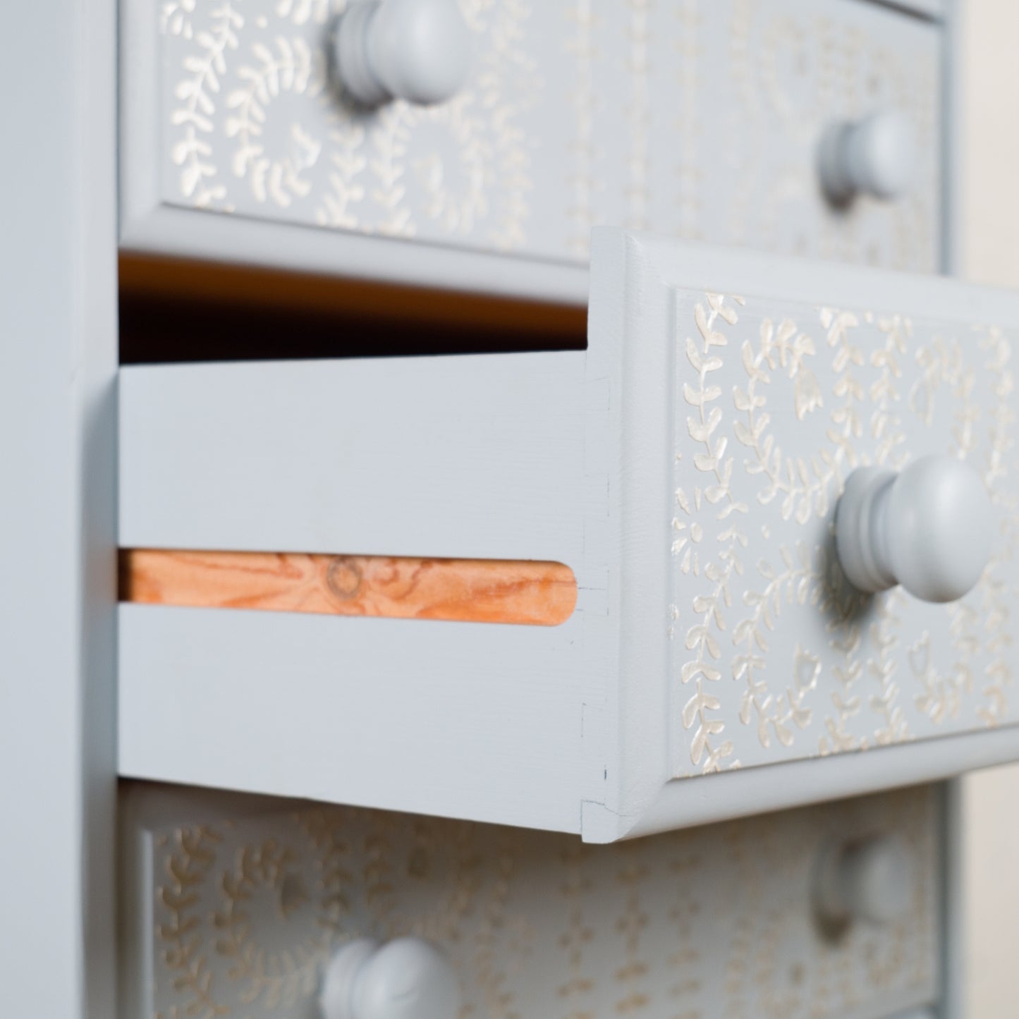 Hand-Painted Blue Chest of Drawers with Pearl Effect Stencil Detail | Vintage Upcycled Furniture