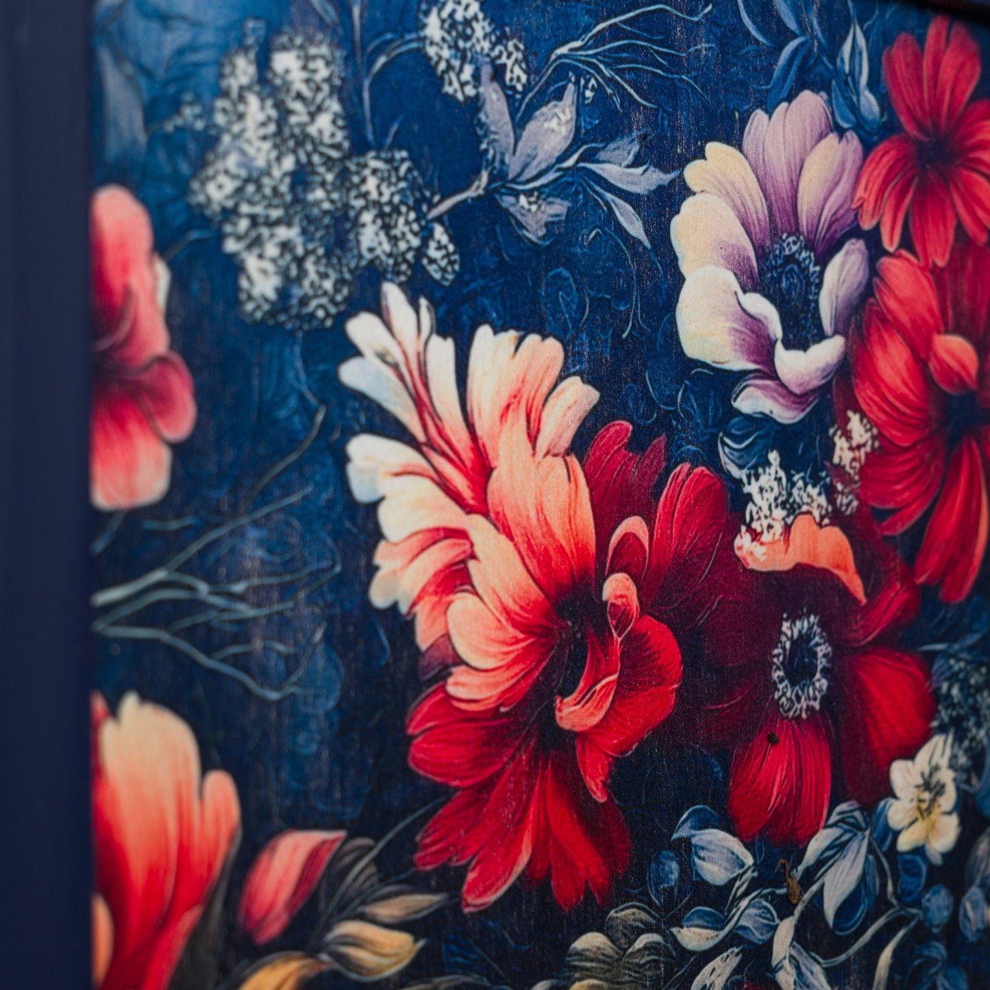 Hand-Painted Upcycled Navy Lebus MCM Chest of Drawers with Floral Detailing
