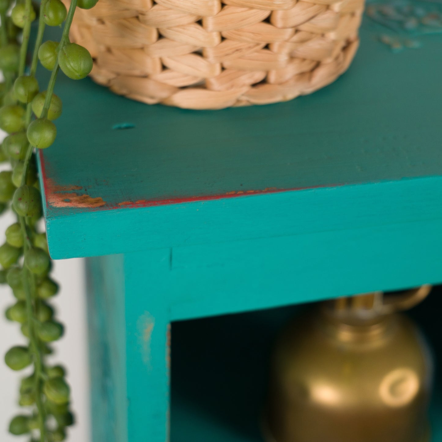 Slimline Boho Plant Table | Upcycled Vintage Side Table | Teal Accent Furniture