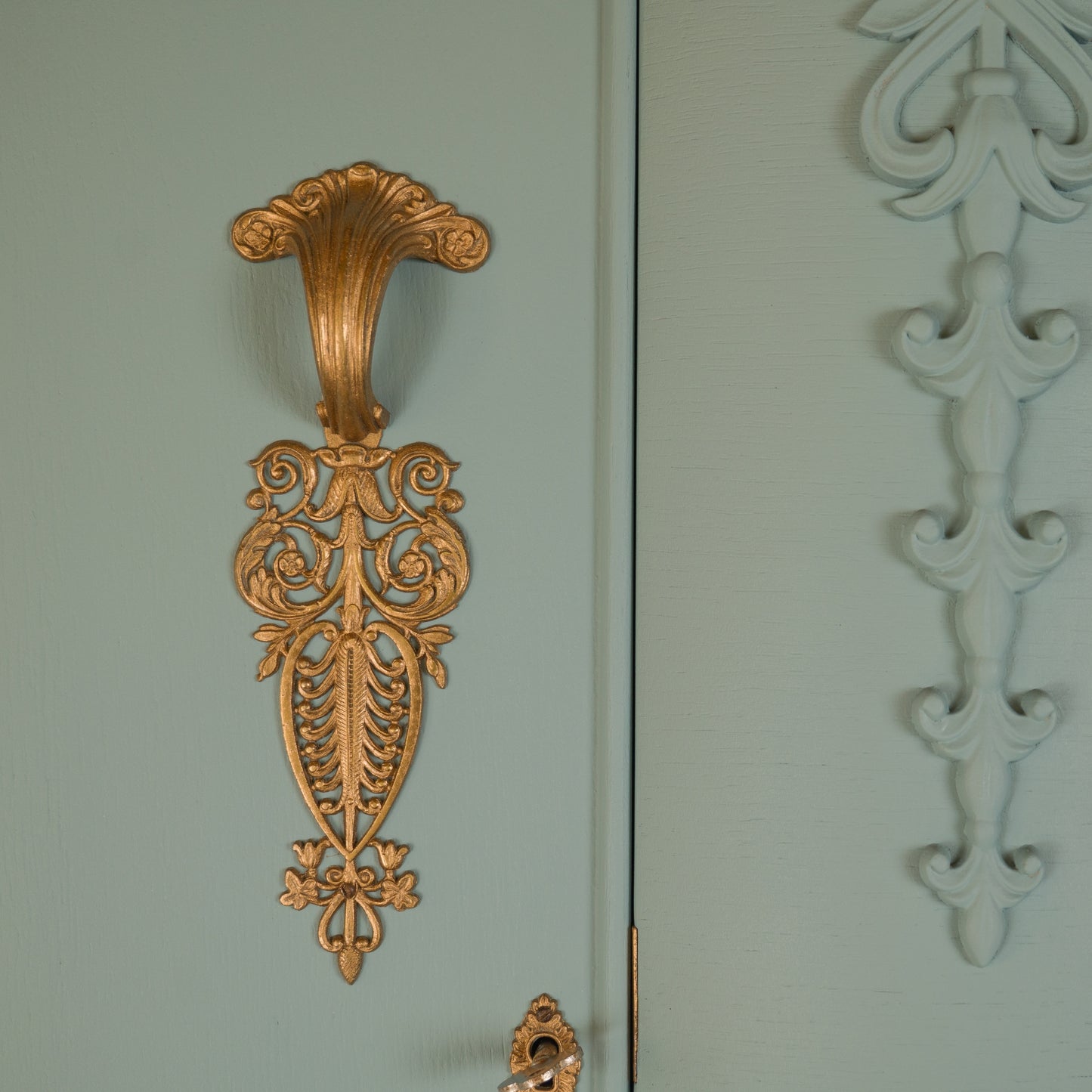 Vintage Duck Egg Blue Wardrobe with Gold Detailing & Rose Pink Inside