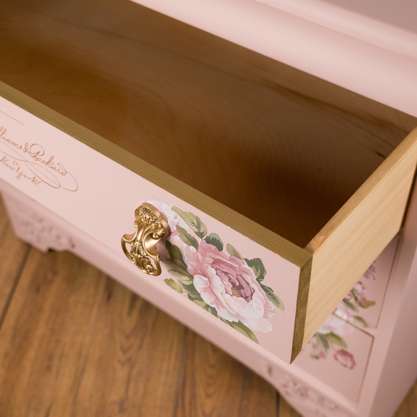 Romantic Vintage Upcycled Blush Pink Floral Chest of Drawers with Gold Detailing and Floral Transfers