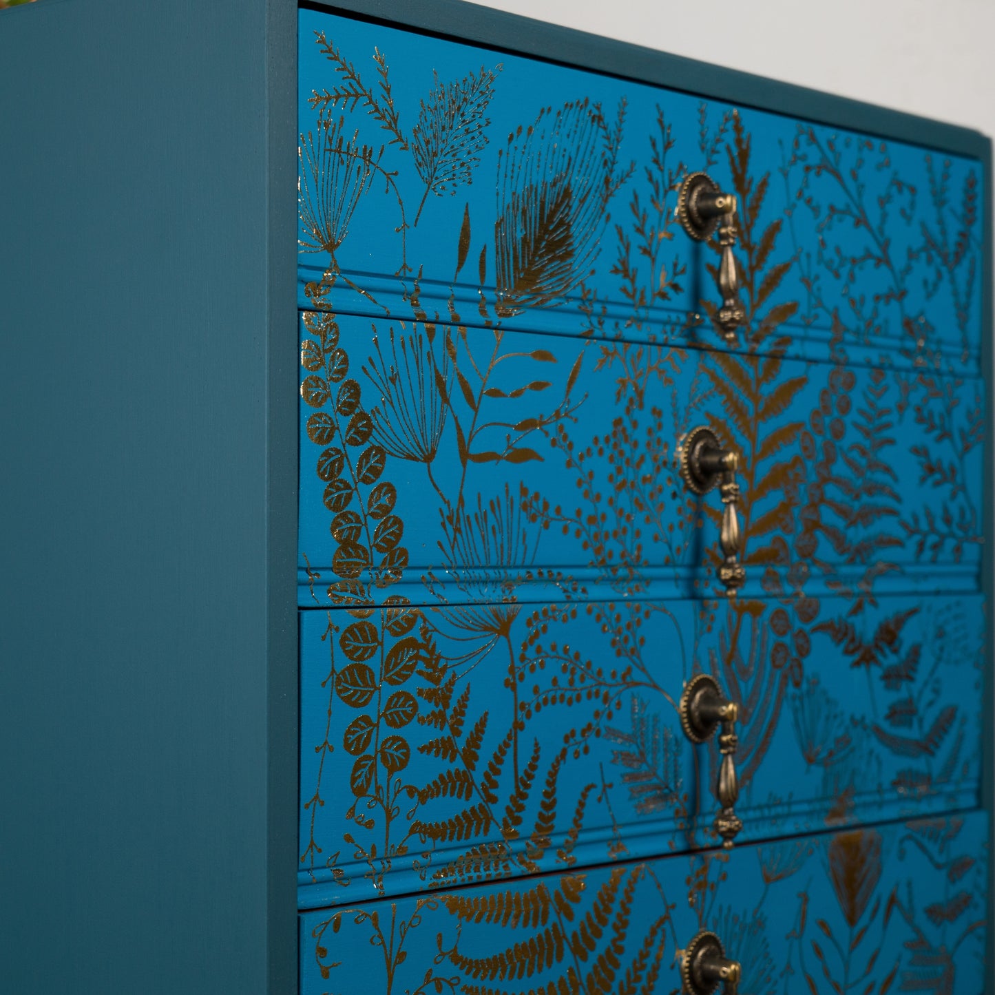 Vintage Teal & Gold Foliage Music Cabinet – Hand Painted Upcycled Furniture