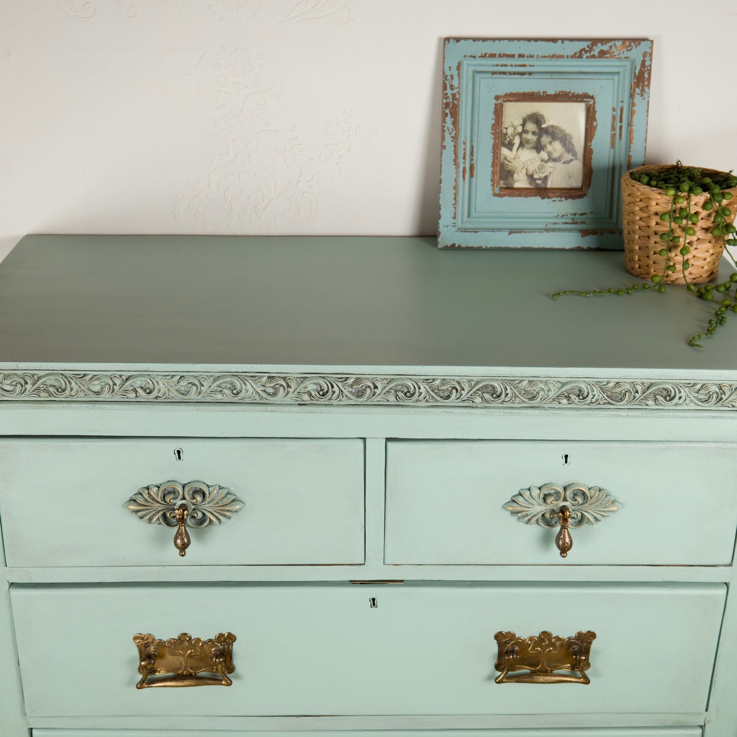 Vintage Aqua Chest of Drawers | Hand-Painted | Ornate Floral Detailing & Brass Hardware